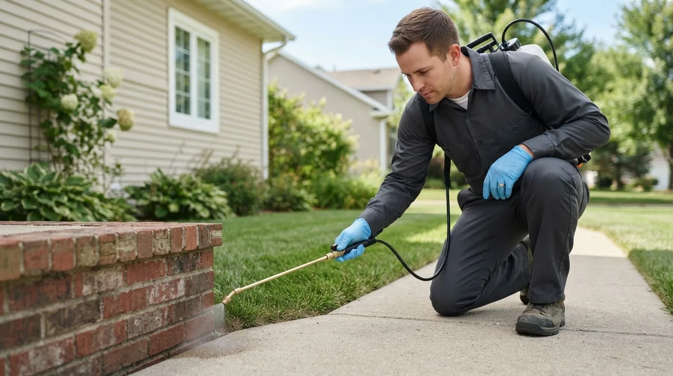 Pest control technician treating a home near Wampum, PA